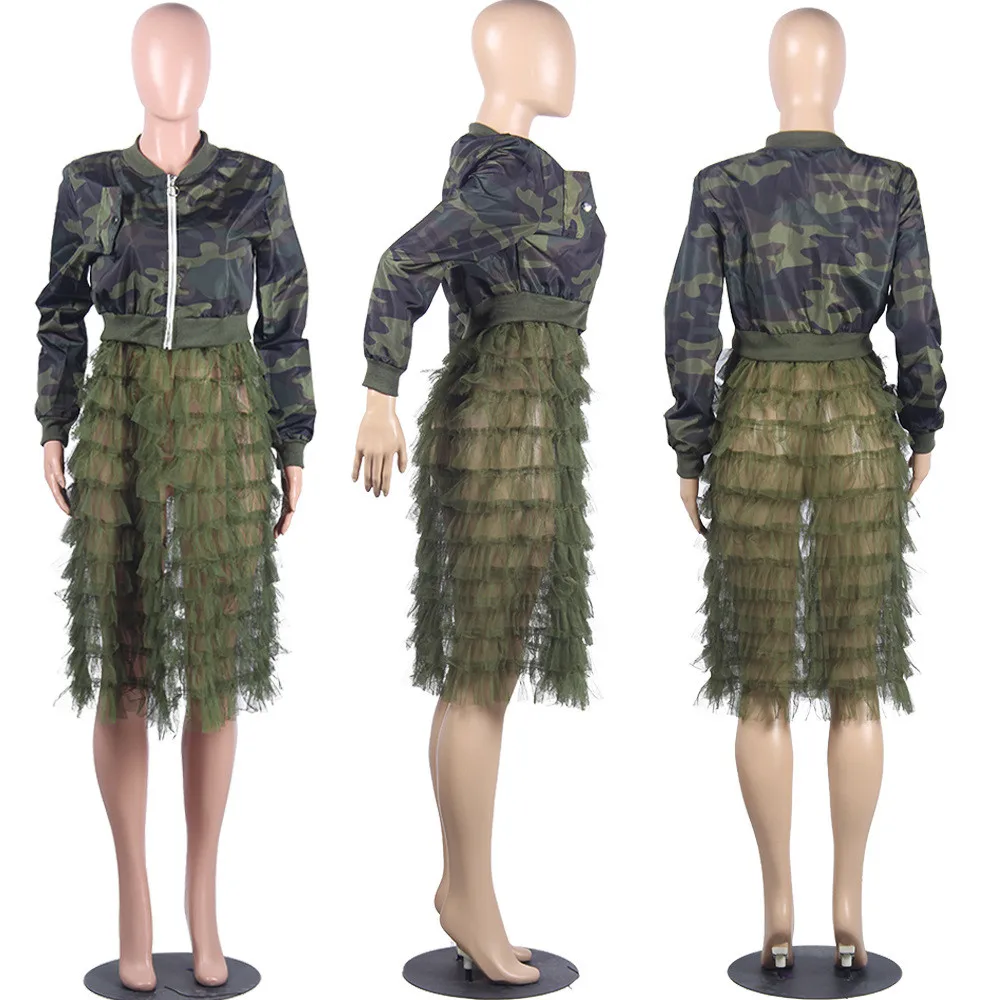

Mesh Patchwork Plus Size Camouflage Bomber Jacket Fashion Women Autumn Winter Jackets Layered Ruffle Long Coat Harajuku Outwear