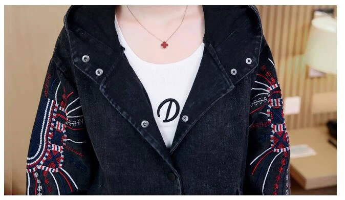 

#3380 Autumn 2020 Black Long Denim Jacket Women With Hood Embroidery Plus Size 5XL Loose Casual Jeans Jacket Women Denim Coat