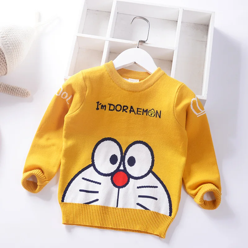 Doraemon-Yellow Зимние Рождественские свитера для маленьких мальчиков, топы с вышивкой Микки, Осенний детский вязаный костюм, вязаные милые пальто для мальчиков - Цвет: Doraemon-Yellow