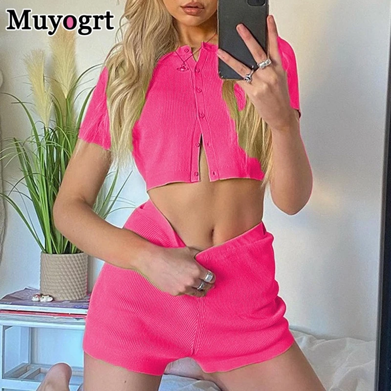 

Muyogrt 2021 Summer 2 Piece Sets Womens Outfits Button Down Crop Top And Shorts Matching Sets Y2K Green Outfits Girl Lounge Wear