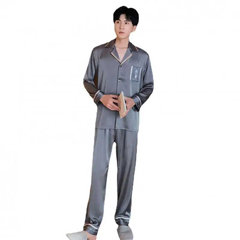 

Casual Satin Home Clothing Intimate Lingerie Men Pajamas Suit 2021 New Nightwear Long Sleeve Homewear Sleepwear With Pocket
