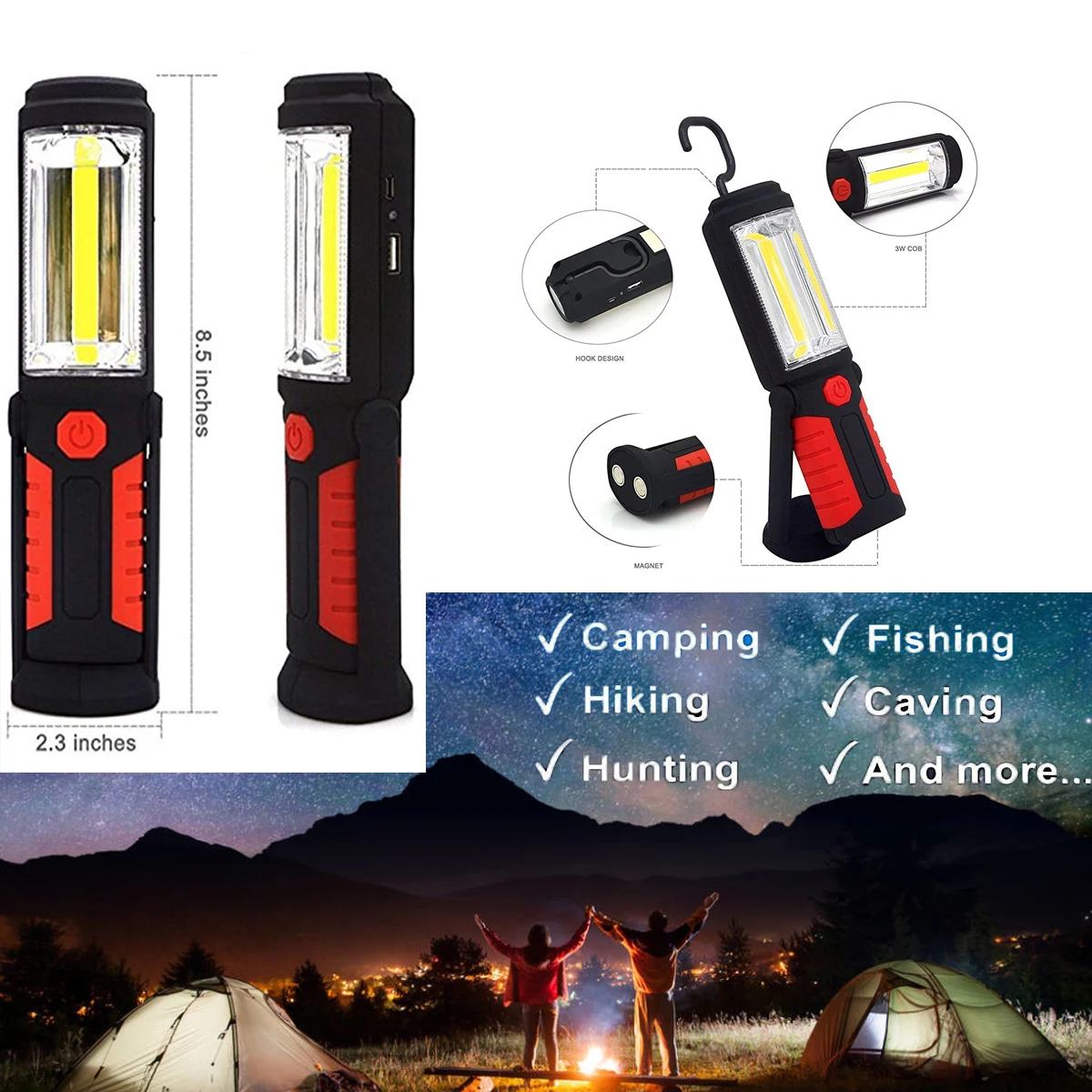 

Rechargeable COB LED Hand Torch Lamp Magnetic Inspection Hook Flexible Worklight