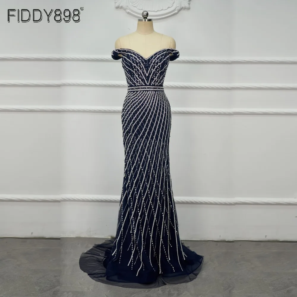 

Heavy Beaded Evening Dresses Luxury Dubai Formal Gowns Off Shoulder Navy Blue Long Party Dress Abendkleider Lang