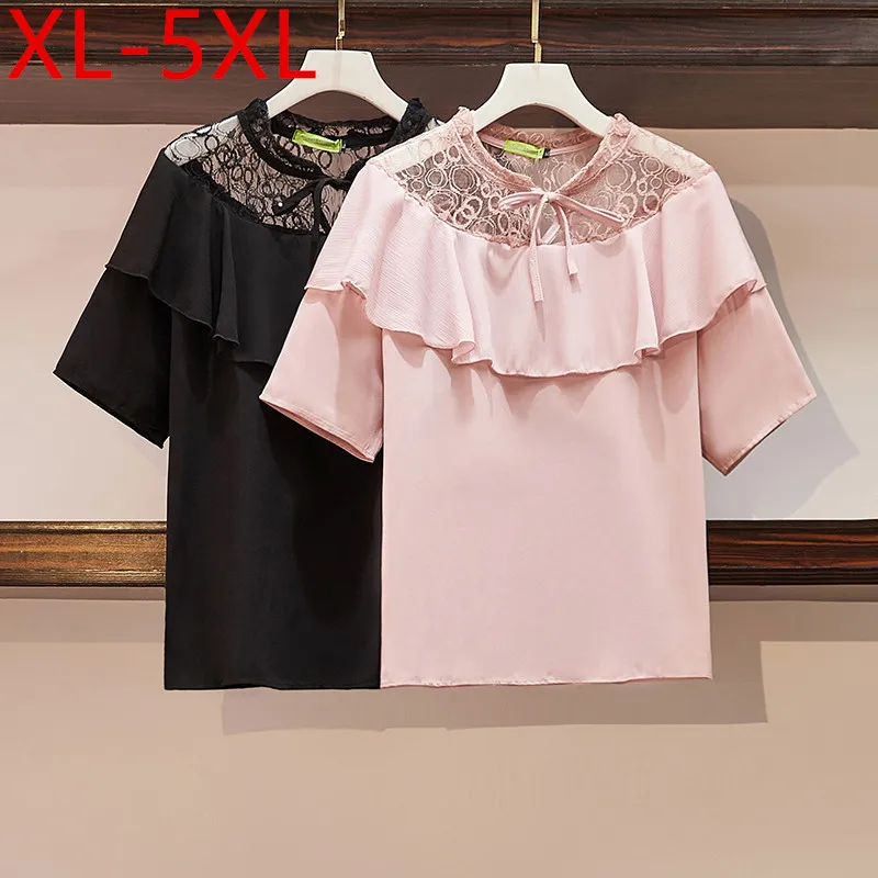 

Размера плюс, женские блузы с короткими рукавами 2021 Лето шифон, кружево с отделкой стиле пэчворк женские рубашки с рюшами женские милые топы...