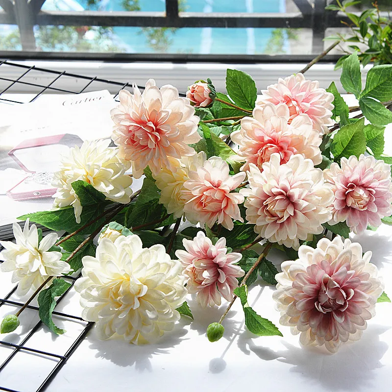Роскошный длинный стебель Dahlia Guanyin Искусственные цветы из шелка DIY Свадебные украшения на день рождения Домашний декор для стола Флорес