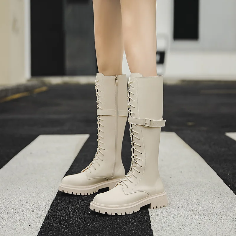 

Knee High Boots Platform Women Shoes Motorcycle Boots Goth Winter Metal Buckle Chunky Long Boots Black Beige