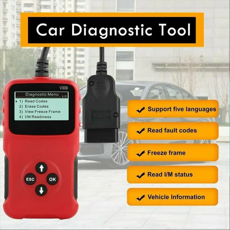 

Считыватель кодов автомобиля OBD2 V309, диагностический сканер двигателя, инструмент для сброса красного цвета