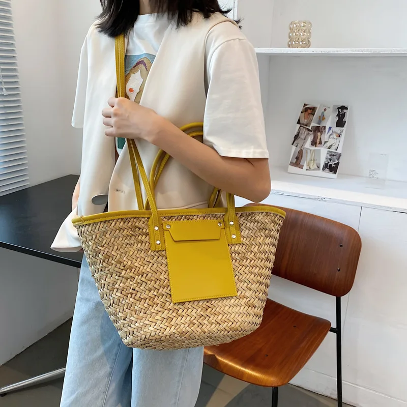 

Bags for Woman 2021 New Fashion Seaside Holiday Hand-woven Portable Summer Beach Bucket Straw Woven Bag Gg Female Sac Luxe Femme