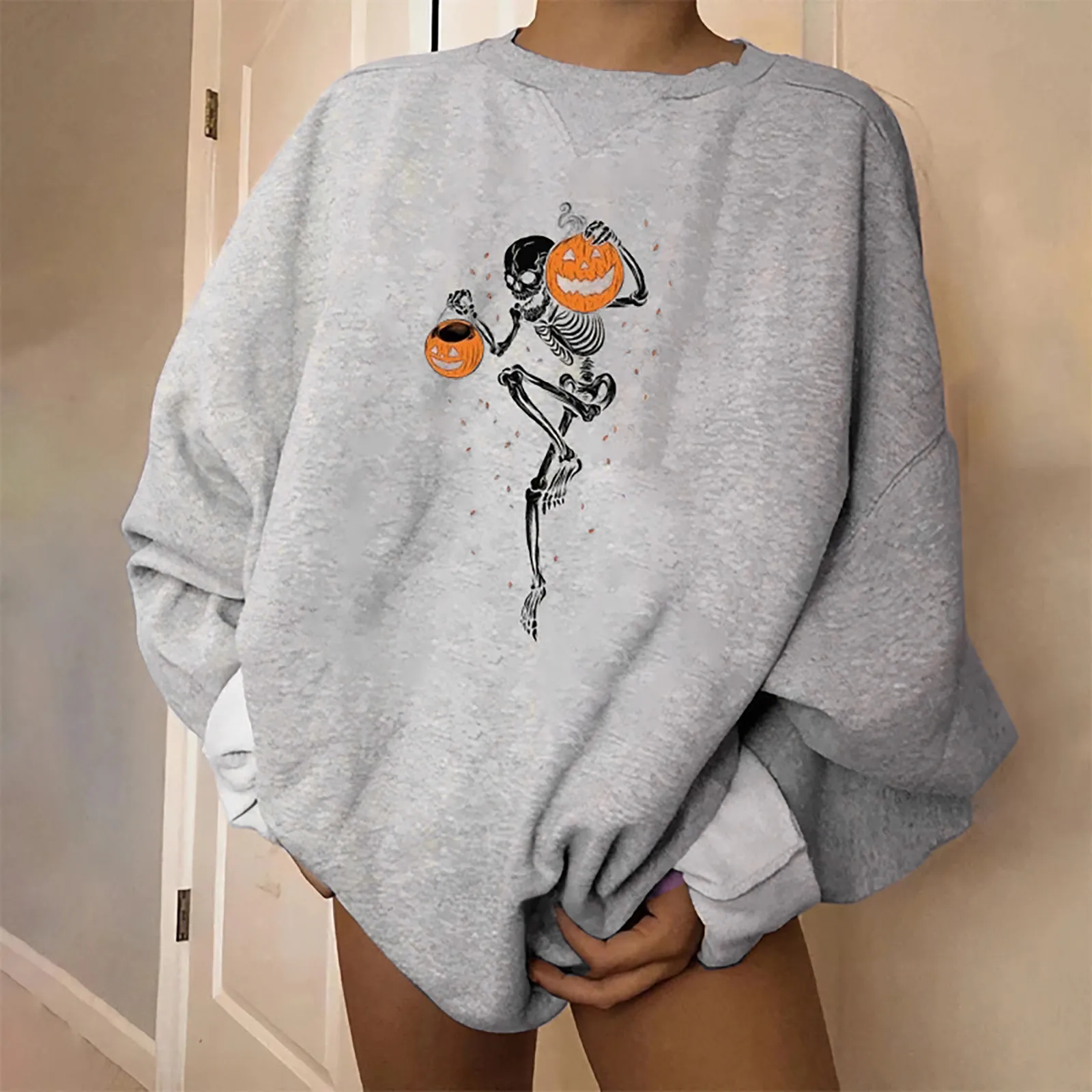 Женский Повседневный теплый свитер на Хэллоуин с принтом черепа и длинными