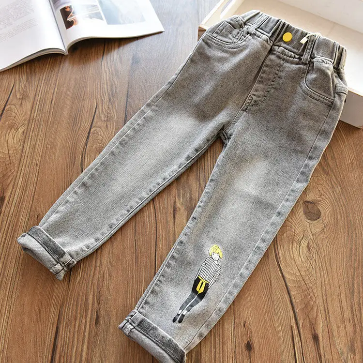 Детские джинсы с принтом для девочек повседневные свободные брюки из денима