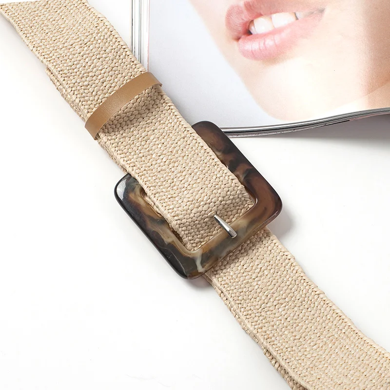 

Woven Belt Buckle Fashion Ladies Casual Belt Ladies Dress Straw Belt Camel