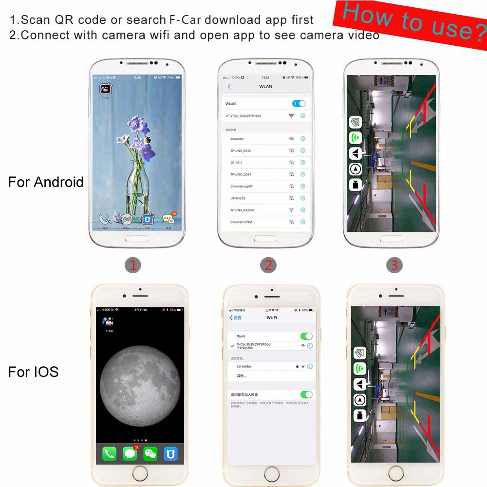 저렴한 Ohanee 무선 자동차 후면보기 카메라 와이파이 자동 반전 카메라 차량 대시 캠 스타 나이트 비전 아이폰과 안드로이드 전화 번호