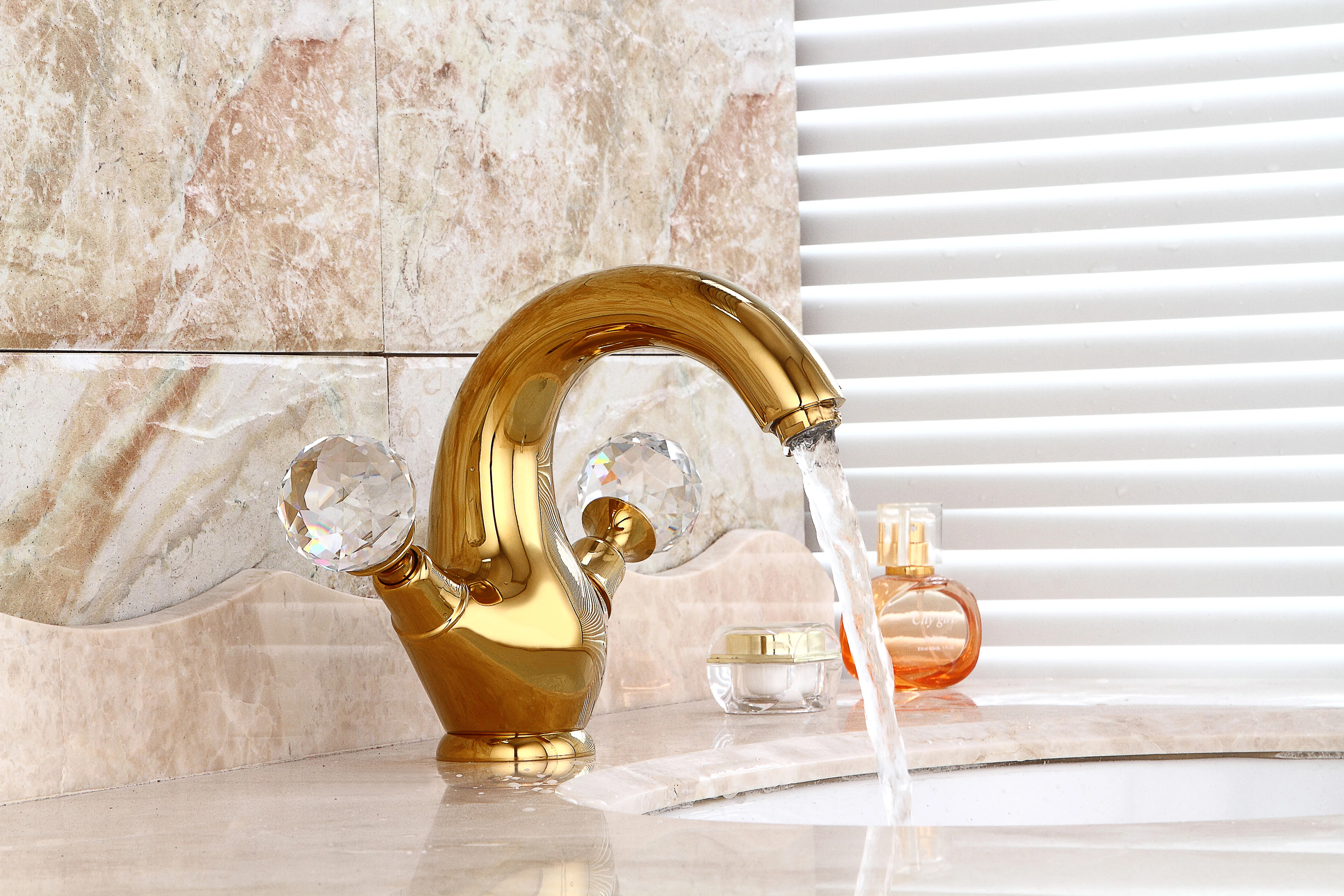 Free ship gold Finish double crystal handles classic style bathroom lavatory washbasin sink faucet mixer tap Single Hole