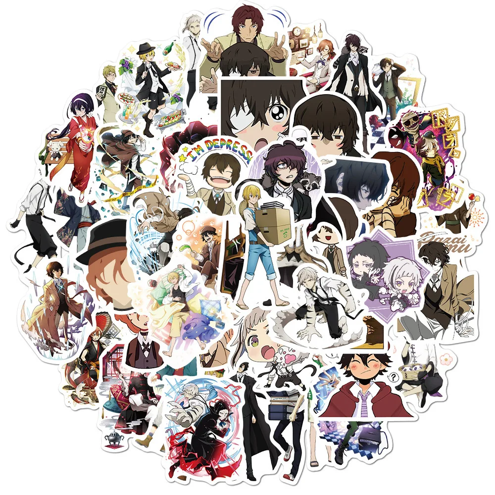 Bungo Stray-pegatinas de perros de PVC para ni&ntilde;os, pegatinas de grafitis, maletas, equipaje, guitarra, coche, impermeable, 50 Uds.-2
