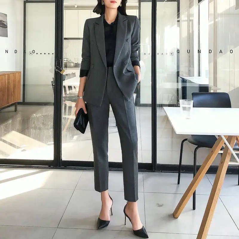 2022 Spring Blazer + Pant Two Piece Set Women Slim Single Button Suit Jacket + High Waist Pants Suit Office Ladies Sets Y226