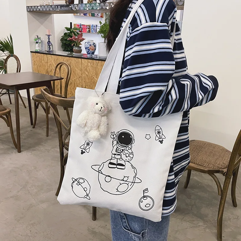 Weysfor Women Canvas Shoulder Bag Ladies Casual Astronaut Printed Tote Bag Crossbody Bags Book Bag Female Handbag Shopping Bags