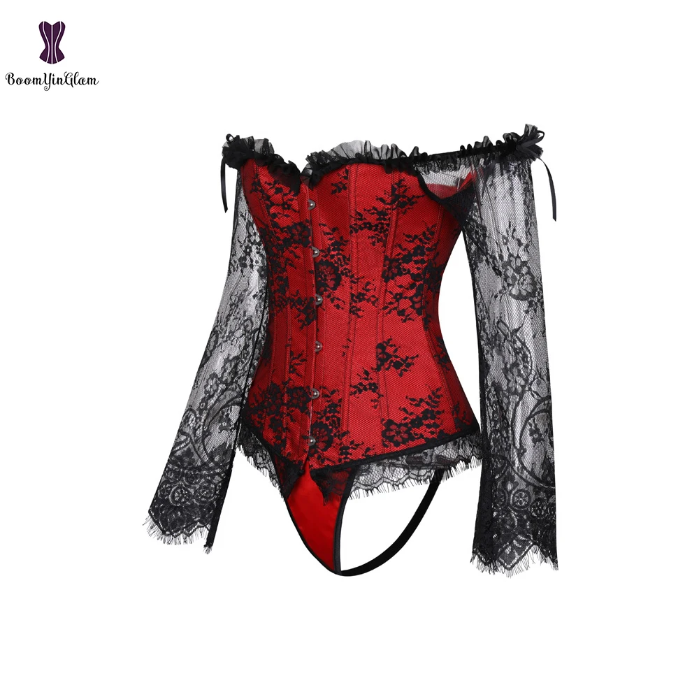 

Gothic Floral Long Sleeve Overbust Corset Steampunk Vintage Lace Up Waist Bustier Top Black Red Corselet