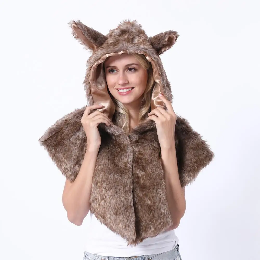 Женская меховая накидка теплая вечерняя плюшевая с капюшоном и ушками на