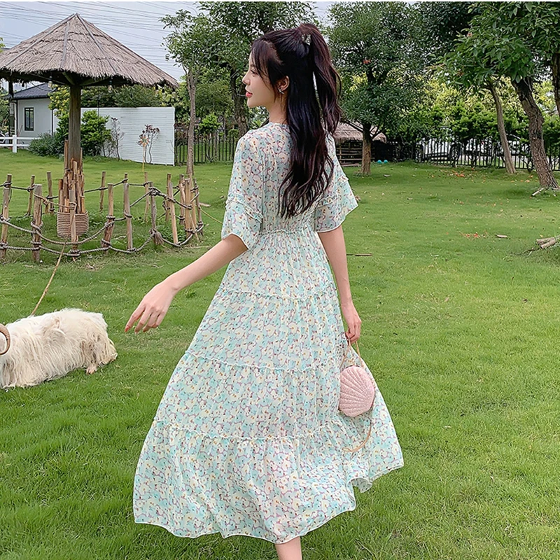 

Summer 2021 Runway Elegant Korean Party Night Dress Vintage Mori Girl Fairy Vacation Dress Women Long Floral Boho Chiffon Dress