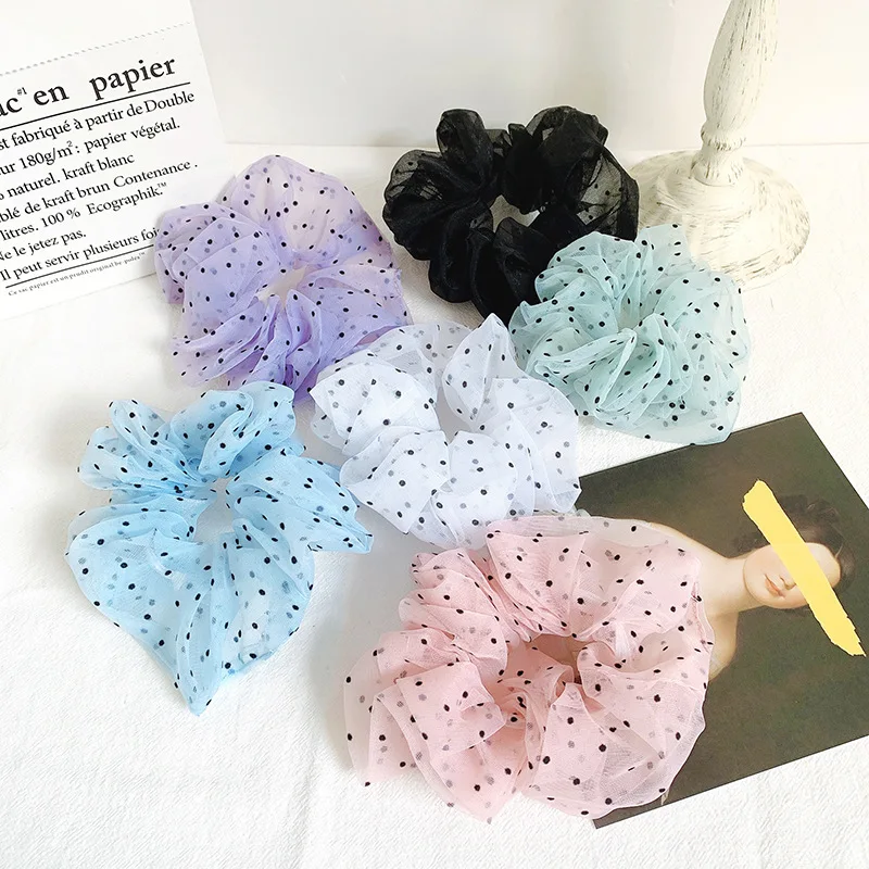 

Hot Sale Candy color dot design organza hair scrunchie hair ring ties for girls ponytail holder elastic hair bands hairband 2pcs