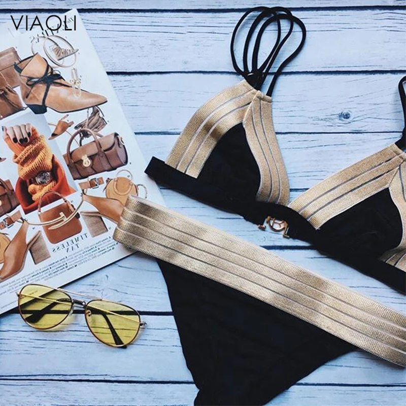 Новый сексуальный винтажный комплект бикини с лямкой на шее черный золотой