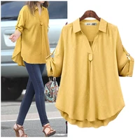 solid blouse adjustable sleeve length women asymmetry shirts female loose lady plus size casual blue gray yellow spring autumn