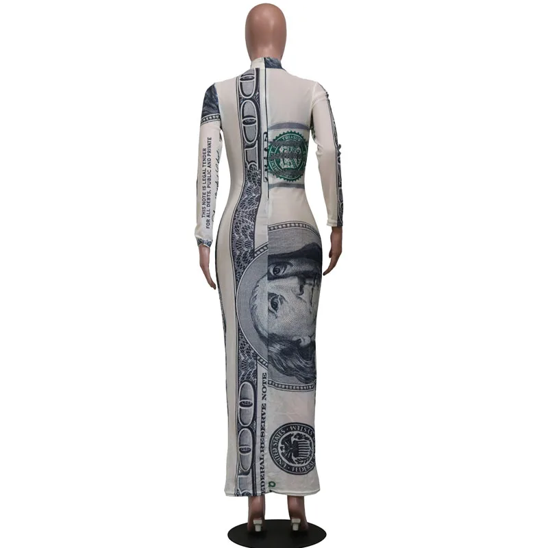 

Womens Long Sleeve Money Print Mesh Party Dress Female Autumn Vintage Ultrathin Maxi Dress Party Club Outfits For Women