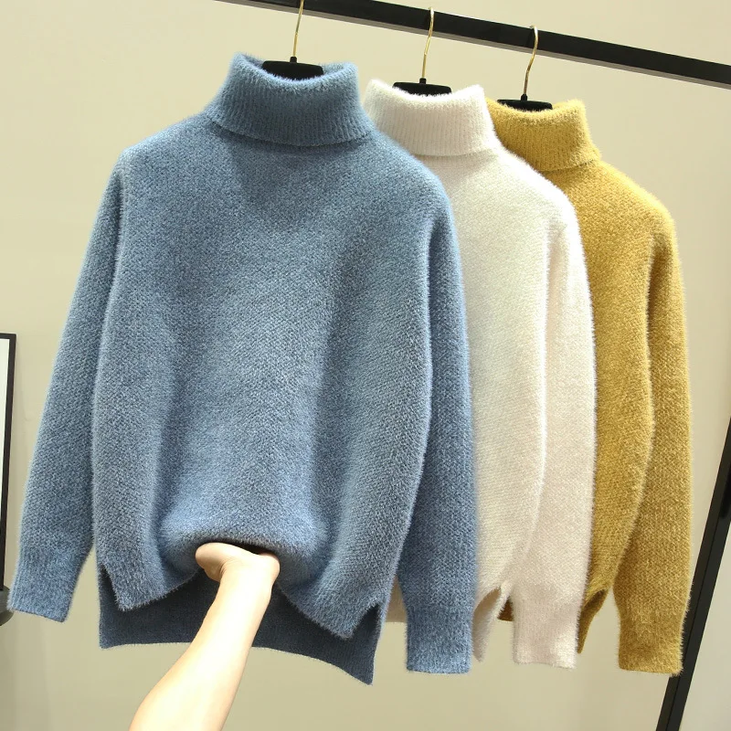 

Autumn Winter Knitted Sweater Women Imitated Mink Wool Thick Chenille Turtleneck Long Sleeve Pullover Loose Split Sweater Female