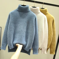 autumn winter knitted sweater women imitated mink wool thick chenille turtleneck long sleeve pullover loose split sweater female