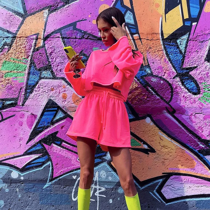 

Women's Tracksuit 2 Pieces Sports Long Sleeve Sweatshirt Crop Top Casual Loose Shorts Suits Leisure Outfits Two Piece Set Green
