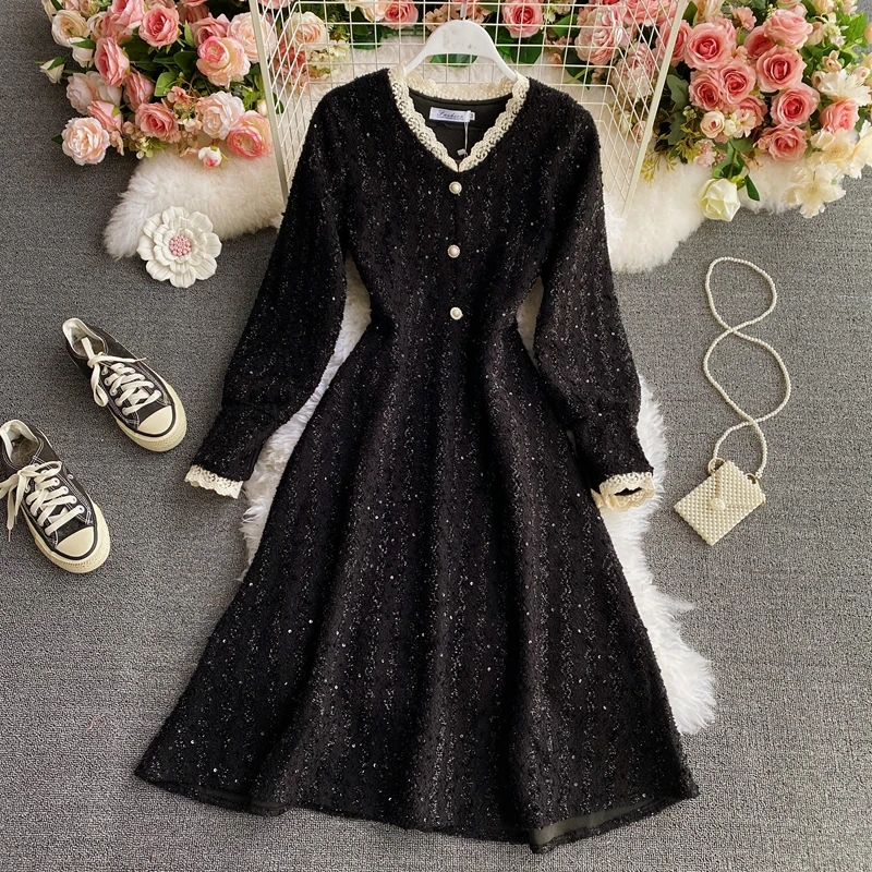 

Red Lace V-Neck Dresses French Style Temperament Lantern Long Sleeve A-Line Base Dress 2021 Autumn New Mid-Length Female Dress