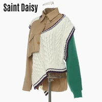 saintdaisy colorblock tweed jacket dropshipping fashion green women clothes designer sweater crop two tone patch designs 11536