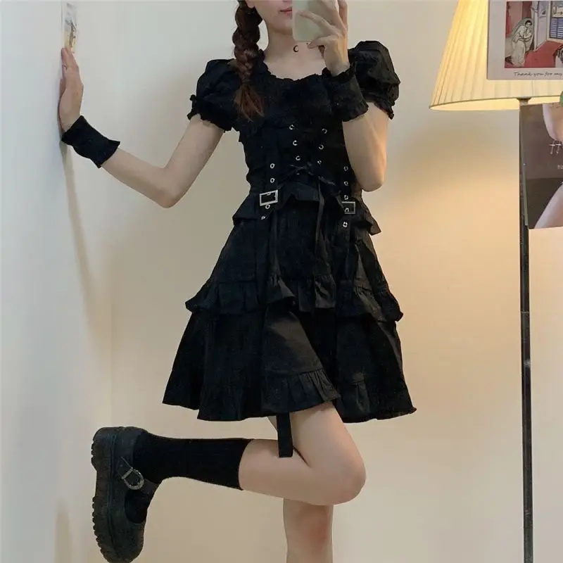 

Women's Gothic Lolita Dress Gothic Punk Mall Goth Kawaii Cute Ruffle Bandage Black Mini Dress 2021 Summer swet Lolita dress