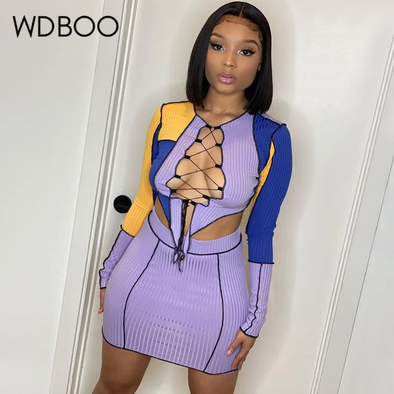 

WDBOO Sexy Chest Lace-up Color Block Ribbed Knitting Crop Top Skirt Sets for Women Long Sleeve Bodycon Mini Dress Two Piece Set