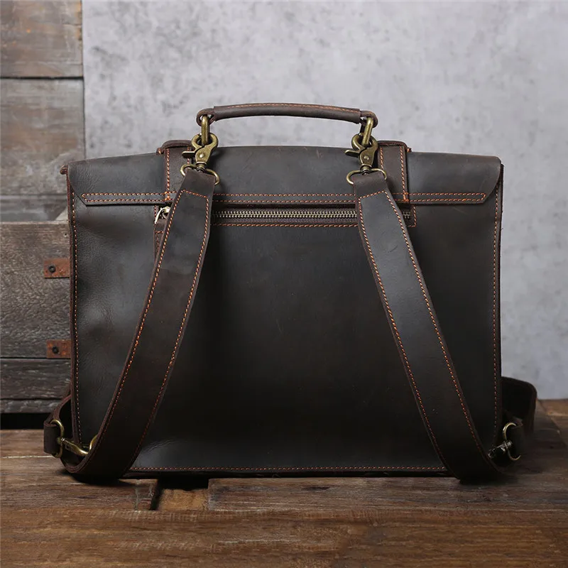 Simple retro unisex genuine leather briefcase top layer cowhide backpack daily dark coffee single shoulder messenger bag