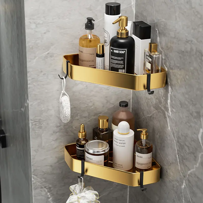 Punch-Free Bathroom Accessories Black Gold Luxury Bathroom Shelf Space Aluminum Bathroom Organizer Toilet Holder Towel Holder