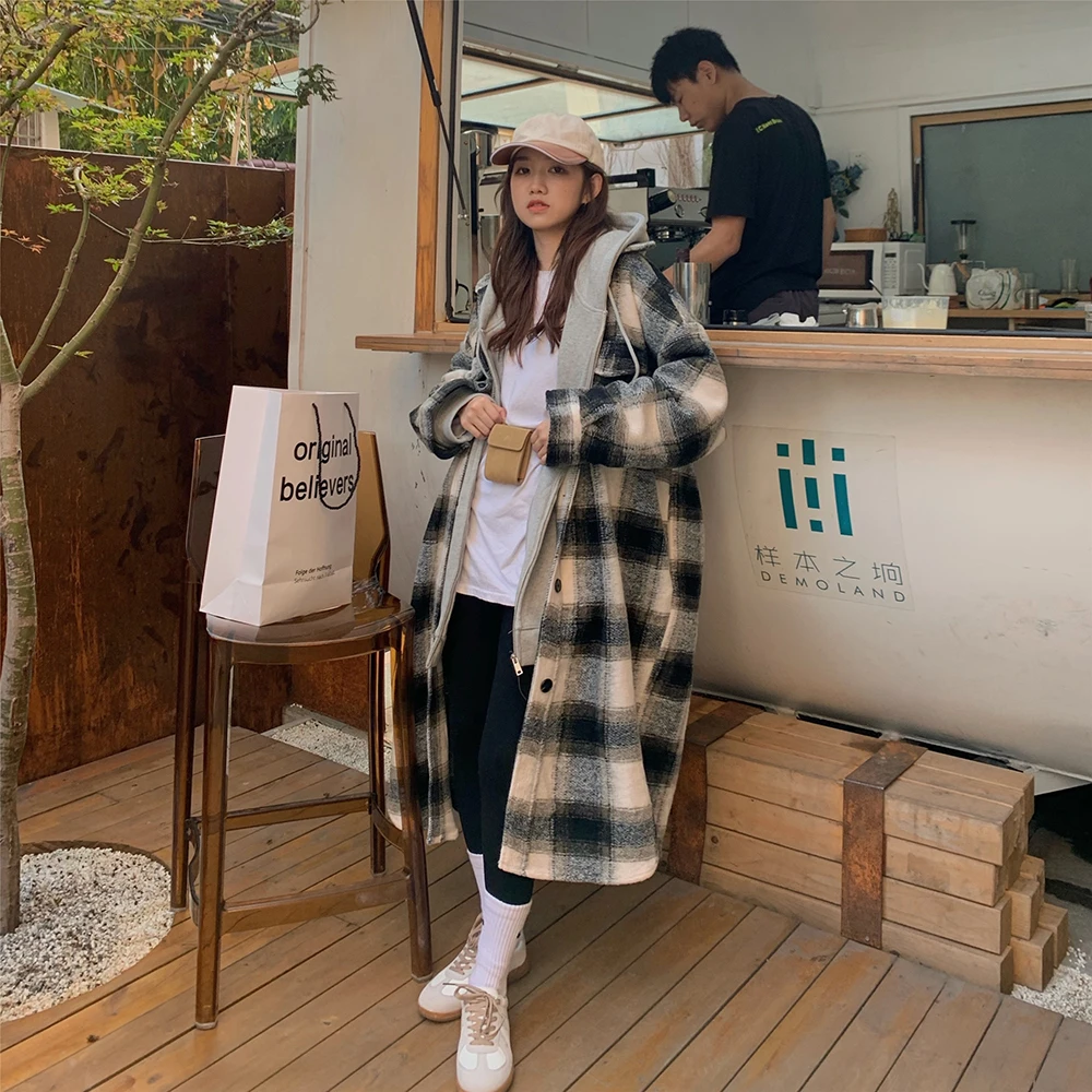 

Women Winter Loose Long Plaid Wool Coat Jacket Hooded Woolen Overcoat Zipper Cardigan Outerwear Fake Two Piece