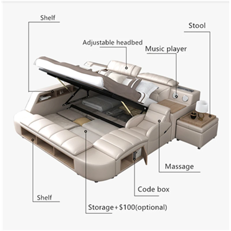 Кожаная кровать с массажной функцией белая из натуральной кожи|Кровати| |