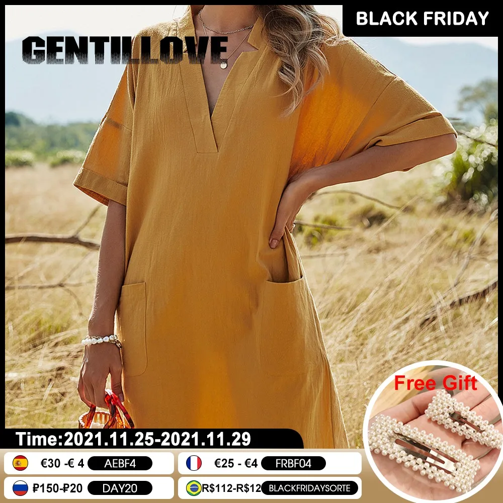 

Deep V-Neck A-Line Women Mini Dress Pocket Half Sleeve Solid Loose Casual Dresses Office Lady Summer Prairie Chic Elegant Female