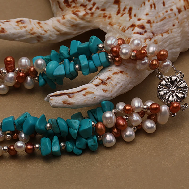 

JYX Factory PriceThree-strand White and Coffee Freshwater Pearl and Turquoise Chips Necklace Fine Jewelry for Women Girl