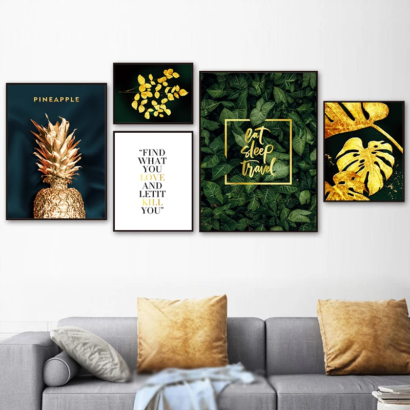 

Golden Plant Pineapple Leaf Quote Canvas Poster Canvas Painting Picture Print European Bedroom Decoration Wall Art Living Room