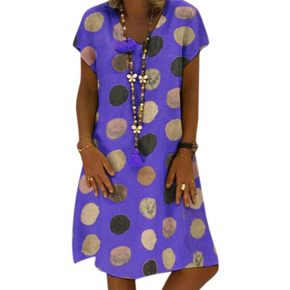 

A-Line Print Summer Dress V Neck Short Sleeve Knee-Length Loose Dress Fashion Vintage 2021 Women Dresses