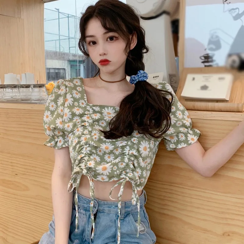 

Summer Women Sweet Casual Blouse Floral Print Square Collar Blouse Fashion Drawstring Bubble Sleeve Short Shirt W2
