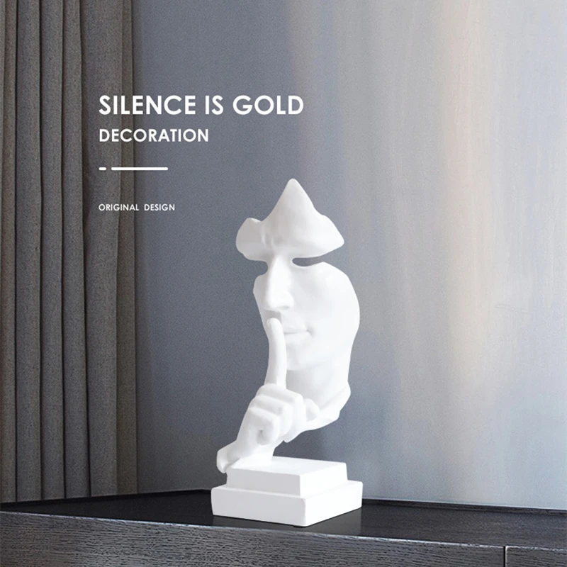 

NORTHEUINS Resin 27cm Silence Is Gold Figurines Nordic Creative No Say Mask Statues For Interior Home Office Desktop Art Decor