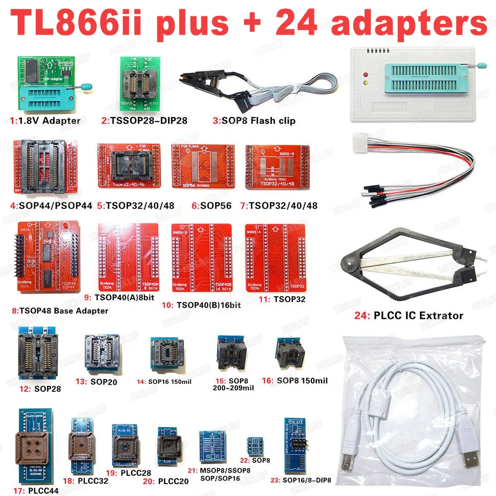 Новейший XGECU программатор TL866II PLUS + 24 адаптера TL866A TL866CS высокоскоростной USB Bios