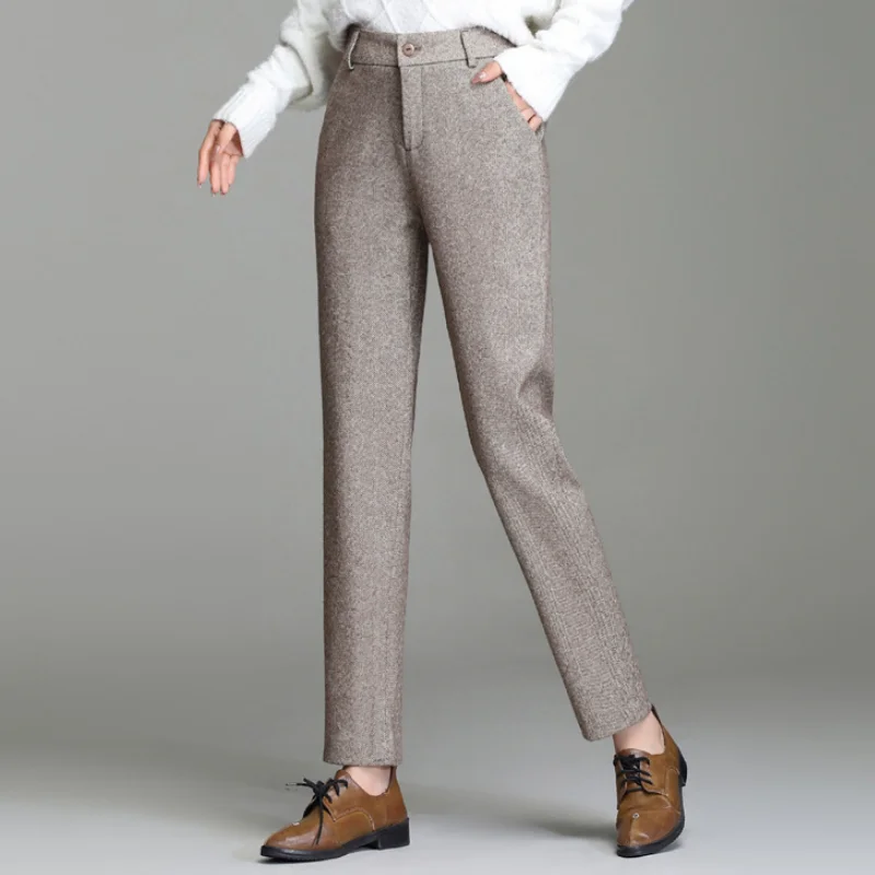 

Autumn And Winter Women's Pencil Pants Thick Woolen High Waist New Fashion Trousers Slimming Casual Large Size Straight Pants