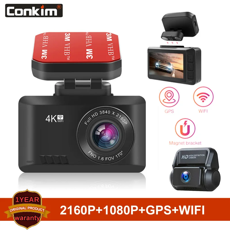 Conkim 4K Автомобильный видеорегистратор DVR 2160P Smart Mini IPS Wifi GPS фото жеста 24 часовой