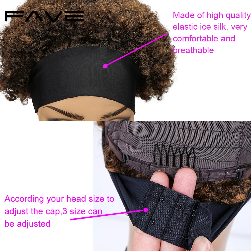 FAVE Afro Puff Curly Wig Short Headband Curly Wig Head Wrap Wig Brazilian Human Hair Wigs for Black Women Turban Wrap Wig