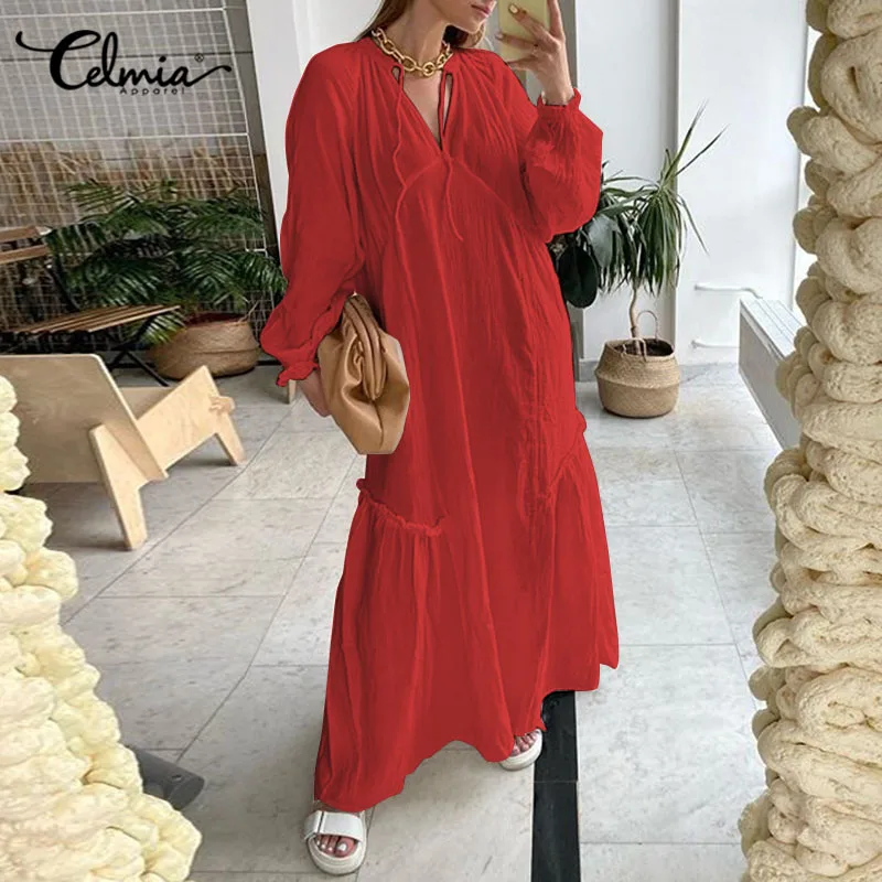 

Celmia Casual Maxi Dress Women 2021 Autumn Stitching Leisure Loose Party Sundress Ladies Sexy V-Neck Long Sleeve Solid Vestidos
