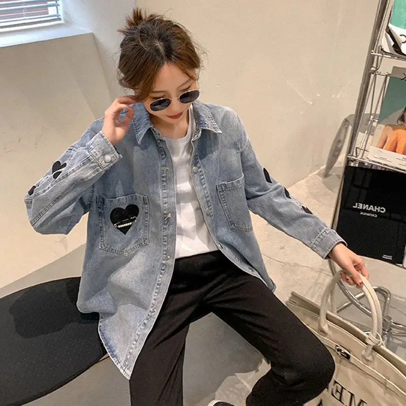 

Heart Denim Shirts Women Korean 2022 New Spring Fall Casual Long Sleeve Turn Down Neck Female Fashion Jean Clothes Woman